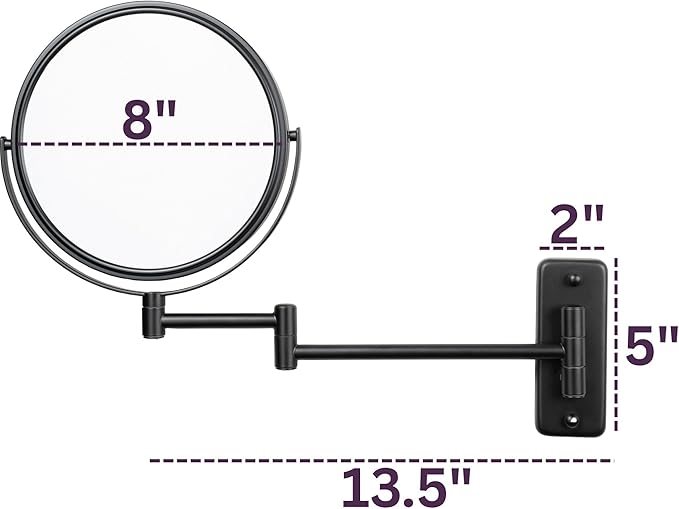 JERDON Wall-Mounted Magnifying Mirror - Bathroom Makeup Mirror with 5X Magnification - 8-Inch Diameter - Black - Model JP7506BK