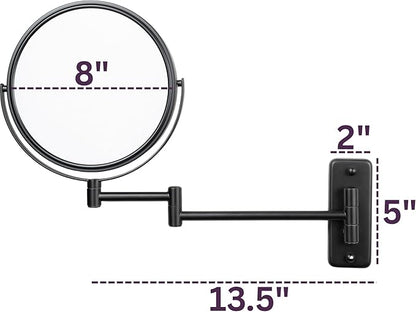JERDON Wall-Mounted Magnifying Mirror - Bathroom Makeup Mirror with 5X Magnification - 8-Inch Diameter - Black - Model JP7506BK