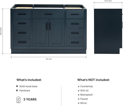 ARIEL Hepburn 54-inch Bathroom Vanity Base Cabinet,Solid Wood, 2 Soft Closing Doors, 9 Dovetail Drawers, Midnight Blue