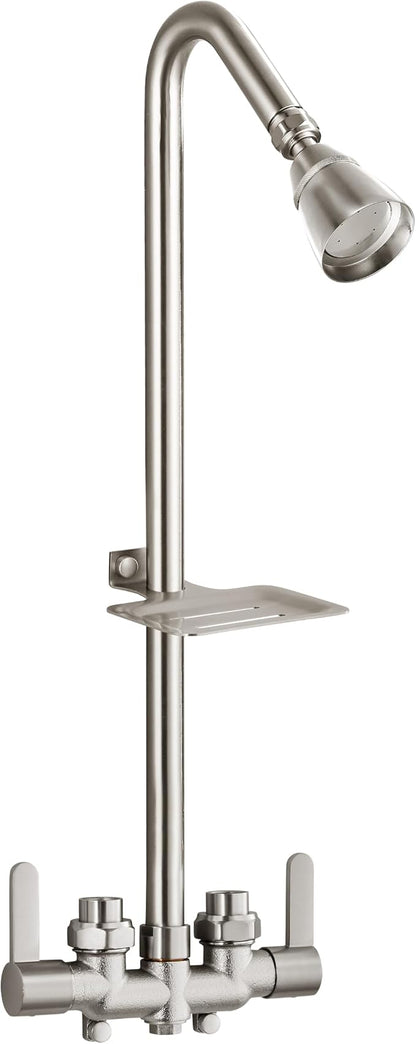 Aolemi Outdoor Shower Kit, Upward-Facing Inlets, Brushed Nickel | 3-Inch Center Hot And Cold Mixer Valve, Dual Handles, with Soap Dish For Convenient Outdoor Shower Use