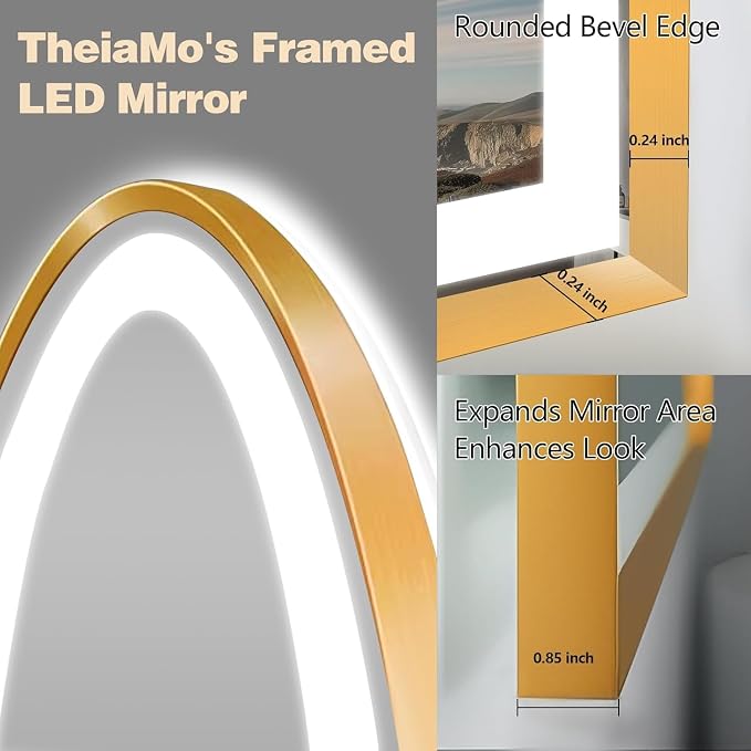 Arched LED Bathroom Mirror, 48"x24" Arch Backlit Vanity Mirror with Lights, Frontlit, Dimmable, 3 Colors, Memory Function, Anti-Fog Smart Mirror, Gold Frame, Shatterproof, UL Listed