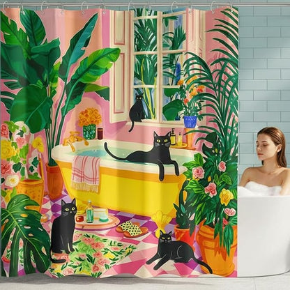 Accnicc Boho Cat Shower Curtain for Bathroom 72 X 78 Inches | Cute Funny Black Cats Matisse Long Shower Curtains, Tropical Plant Bathroom Decor, Water-Resistant Washable Polyester Fabric