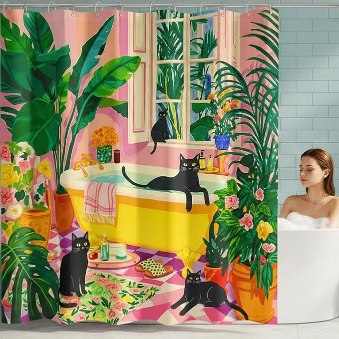 Accnicc Boho Cat Shower Curtain for Bathroom 72 X 84 Inches | Cute Funny Black Cats Matisse Extra Long Shower Curtains, Tropical Plant Bathroom Decor, Water-Resistant Washable Polyester