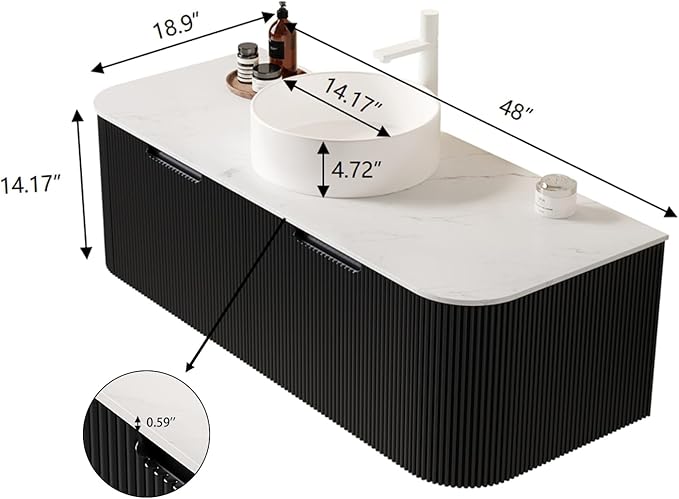 Yayzy 48" Floating Bathroom Vanity with Sink, Solid Wood Fluted Cabinet, White Round Ceramic Basin & Faux Marble Top, Soft-Close Drawer, Pre-Assembled, Gloss Black