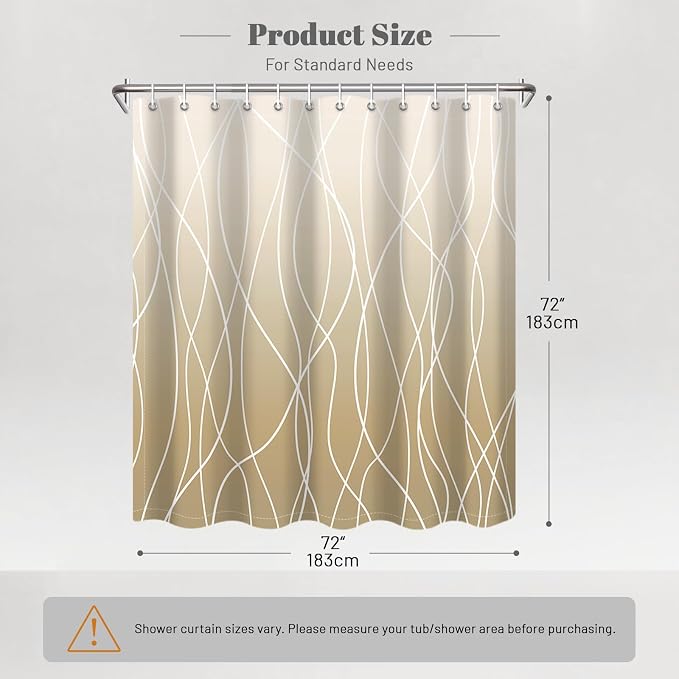 Striped Shower Curtain for Bathroom, Ombre Khaki, 72" W x 72" L | with Hooks, Modern Hotel Style, Water Repellent, Washable, Weighted Hem