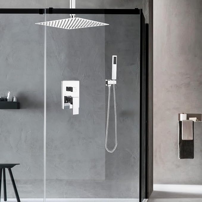 12 Inch Ceiling Mount ‎Polished Chrome Shower System Bathroom Luxury Rain Mixer Shower Combo Set Ceiling Rainfall Shower Head System (Contain Shower Faucet Rough-in Valve Body and Trim Kit)