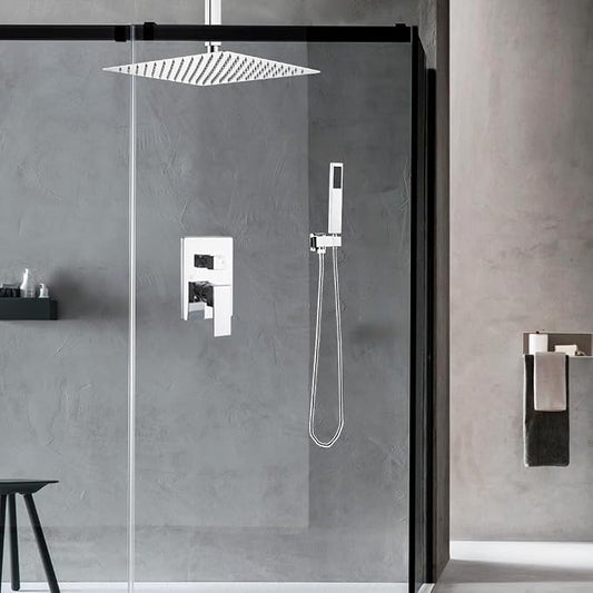 10 Inch Ceiling Mounted Shower System Rain Mixer Shower Combo Set Rainfall Shower Head System ‎Polished Chrome Shower Faucet Rough-in Valve Body and Trim Kit Included