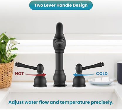 gotonovo 8 Inch Widespread Bathroom Faucets for Sink 3 Hole 2 Lever Handle Deck Mount with Pop Up Drain Hot and Cold Water Supply Lines Matte Black