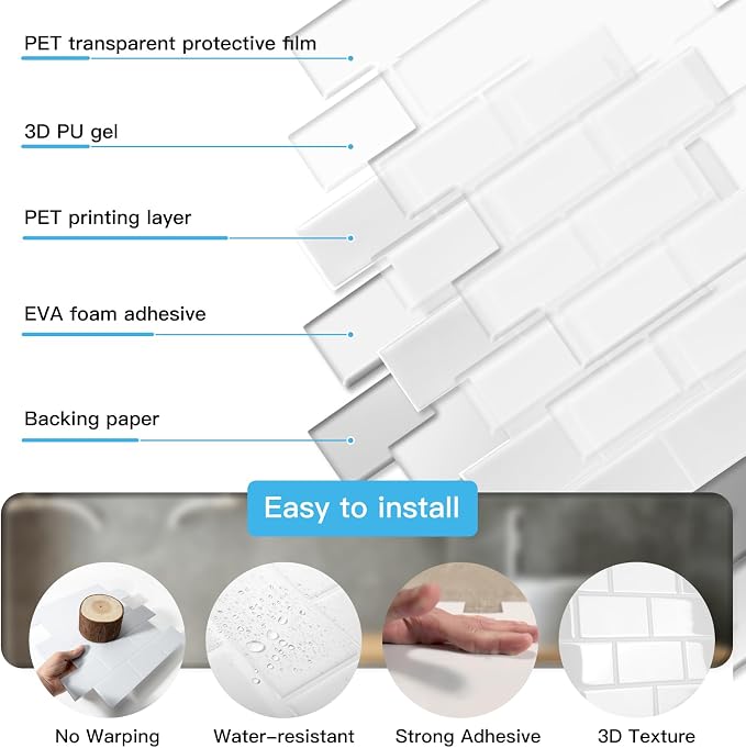 Art3d 10-Pack Subway Peel and Stick Backsplash, White Washed, 12 x 12 Inch | Thickened Design, No Warping, Durable, Self-Adhesive, Sturdy, for Kitchen, Bedroom, Ideal for New Home Buyers, Future Movers