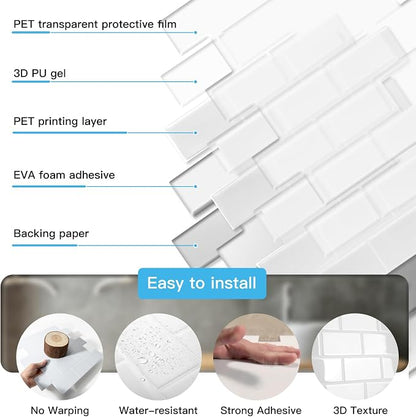Art3d 10-Pack Subway Peel and Stick Backsplash, White Washed, 12 x 12 Inch | Thickened Design, No Warping, Durable, Self-Adhesive, Sturdy, for Kitchen, Bedroom, Ideal for New Home Buyers, Future Movers