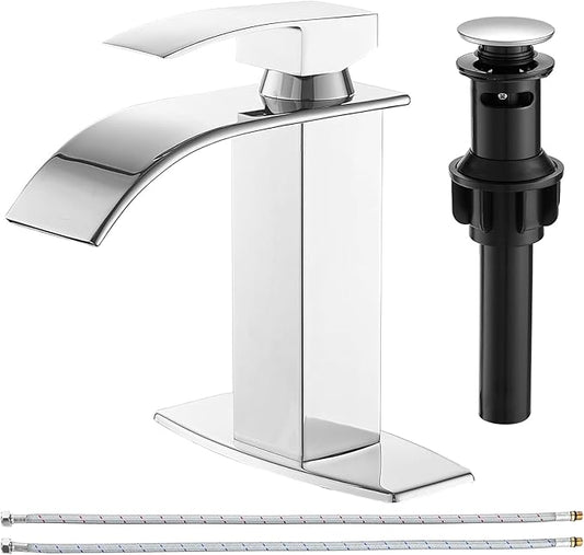 BESy Polished Chrome Waterfall Spout Bathroom Faucet, Single Handle Bathroom Sink Faucet with Pop-up Drain, Rv Vanity Faucet with Deck Plate & cUPC Supply Hoses, Polished Chrome, 1 or 3 Hole