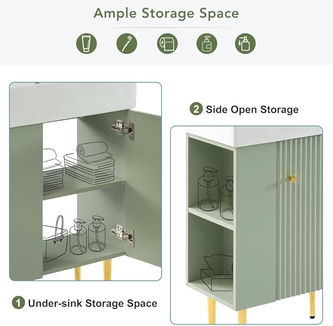 22" Small Bathroom Vanity with Sink, Morden Bathroom Vanities with Soft-Close Door and Open Shelf, Freestanding Narrow Vanity for Compact Space-Saving Bathrooms (Green,22" Freestanding Left Shelf)