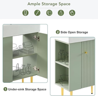 22" Small Bathroom Vanity with Sink, Morden Bathroom Vanities with Soft-Close Door and Open Shelf, Freestanding Narrow Vanity for Compact Space-Saving Bathrooms (Green,22" Freestanding Left Shelf)