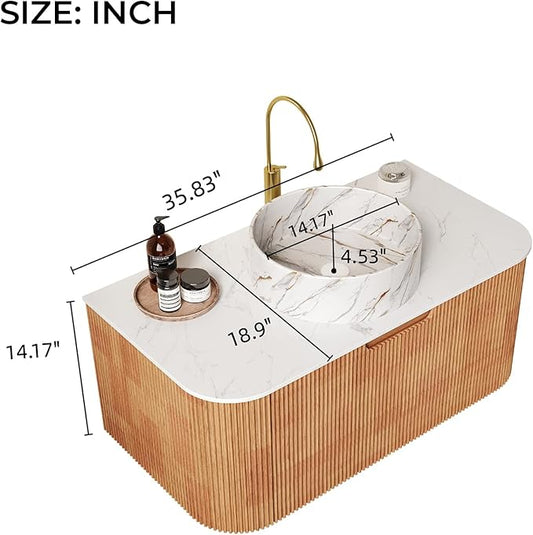 LKTART 36 Inch Floating Bathroom Vanity with Sink, Modern Wall Mounted Bathroom Storage Cabinet with Drawer, Stone Pattern Round White Ceramic Sink Top and Marble Texture Top, Natural Wood