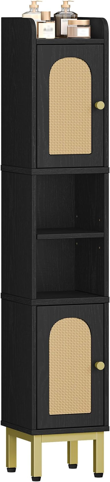 Hzuaneri Slim Bathroom Storage Cabinet, Narrow Bathroom Organizers,2 Doors | Narrow Bathroom Storage with 4 Adjustable Feet, Laundry Room Organization for Small Space,Kitchen,Rattan Black BC22404Y