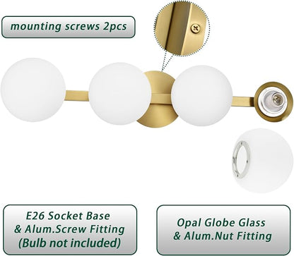 Gold Bathroom Vanity Light Fixtures, Modern 4 Lights Aged Brass Globe Wall Sconce Lighting, Porch Wall Mount Light Fixture for Bathroom, Mirror Cabinets Hallway Stairs (Aged Brass, 4-Light)