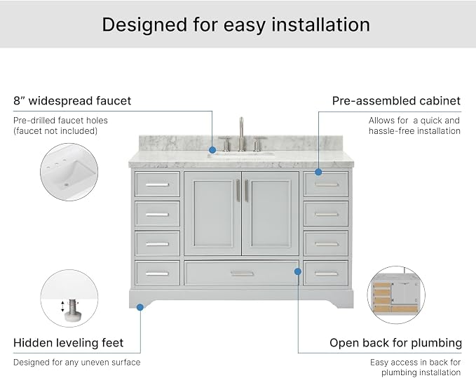 DKB Langford 54-inch Grey Bathroom Vanity with Center Rectangle Single Sink, Italian Carrara Marble Countertop & Backsplash, Solid Wood Frame, Soft-Closing & Dovetail Drawers
