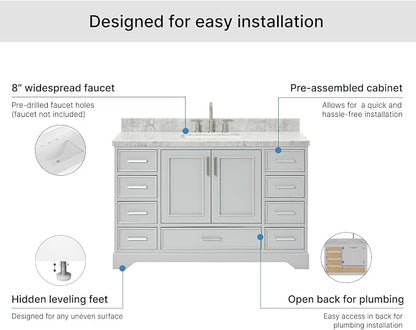 DKB Langford 54-inch Grey Bathroom Vanity with Center Rectangle Single Sink, Italian Carrara Marble Countertop & Backsplash, Solid Wood Frame, Soft-Closing & Dovetail Drawers