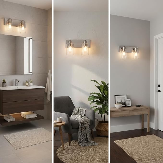 Bathroom Light Fixtures, 2-Light Brushed Nickel Bathroom Vanity Light, Modern Wall Sconces with Clear Glass Shade for Hallway Kitchen Foyer