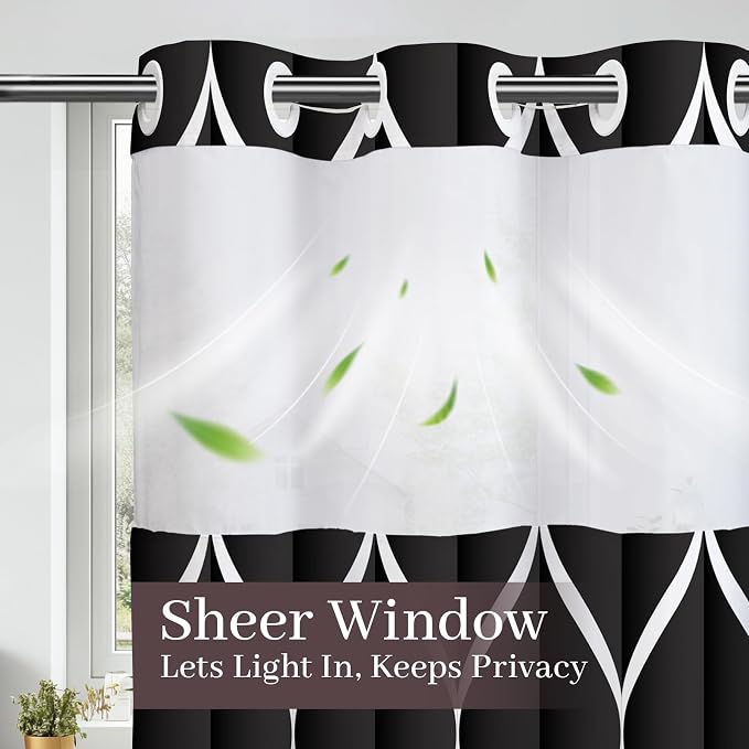 Gelbchu Black No Hook Shower Curtain with Snap-in Liner, 71 x 74 Inch | Built-In Hooks, Mesh Top Window, Water-Repellent, Machine Washable, Quick Drying, Premium Polyester, Hotel Style, Modern