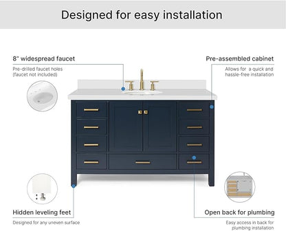 ARIEL Cambridge 54-inch Bathroom Vanity with Sink,Solid Wood, 1.5-inch Pure White Quartz Countertop & Backsplash, Single Oval Porcelain Sink, 2 Soft Closing Doors, 9 Dovetail Drawers, Midnight Blue