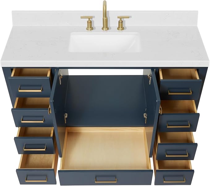 Beckford 48-Inch Bathroom Vanity with Sink — Midnight Blue Single Sink Bathroom Vanity, 1.5" Edge Carrara White Quartz Countertop, Solid Wood, 2 Soft-Close Doors, 9 Dovetail Drawers
