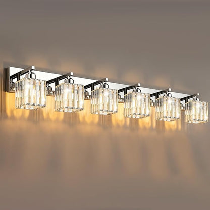 Brushed Chrome Crystal Bathroom Vanity Light, 6-Light Modern Bathroom Lighting Fixtures Over Mirror,Chrome Wall Sconce Light Fixtures with Square Shade