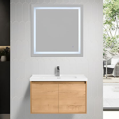 Blossom 32 Inch Bathroom Vanity with Sink, All Wood Wall Mounted Floating Bathroom Vanity with Ceramic Sink, Modern Soft-Close Doors & Storage, Bathroom Sink Cabinet, Classic Oak, 32'' Ceramic Sink
