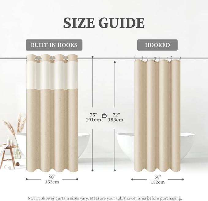 60x75 Ringless Linen Textured Shower Curtain with Snap in Liner, Cream | Small Size, 3 in 1 Shower Curtain Set, Removable Liner, Waterproof & Washable, Mesh Top Window, Durable Fabric, Easy Setup