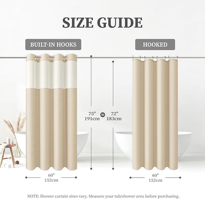 60x75 Ringless Linen Textured Shower Curtain with Snap in Liner, Cream | Small Size, 3 in 1 Shower Curtain Set, Removable Liner, Waterproof & Washable, Mesh Top Window, Durable Fabric, Easy Setup
