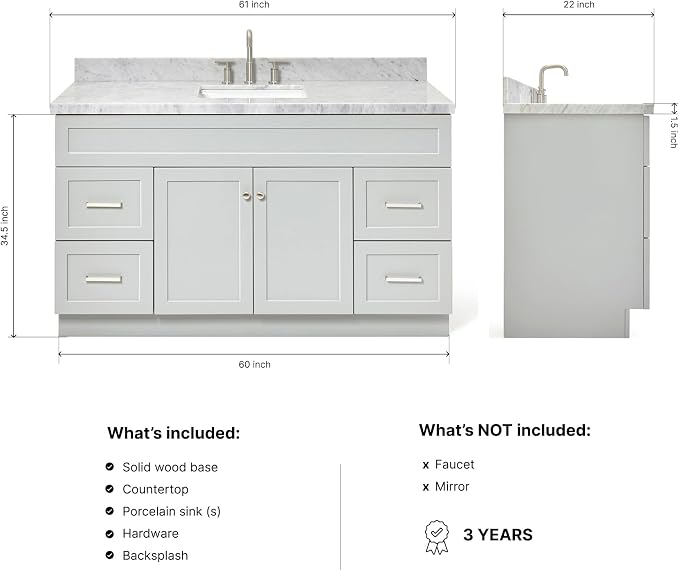 Bradford 60 Inch Bathroom Vanity Single Sink — Grey Bathroom Vanity with Sink, 1.5" Edge Italian Carrara Marble Countertop, Solid Wood, 2 Soft-Close Doors, 4 Dovetail Drawers