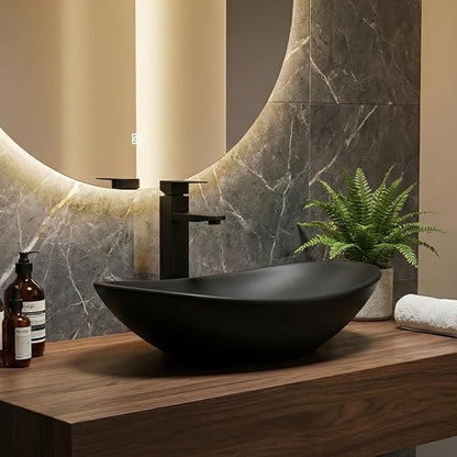 Ceramic Bathroom Sink, Black Boat Shape Above Counter Porcelain Vessel Sink with Black Faucet and Pop up drain Set