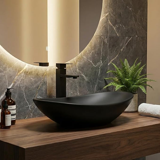 Ceramic Bathroom Sink, Black Boat Shape Above Counter Porcelain Vessel Sink with Black Faucet and Pop up drain Set