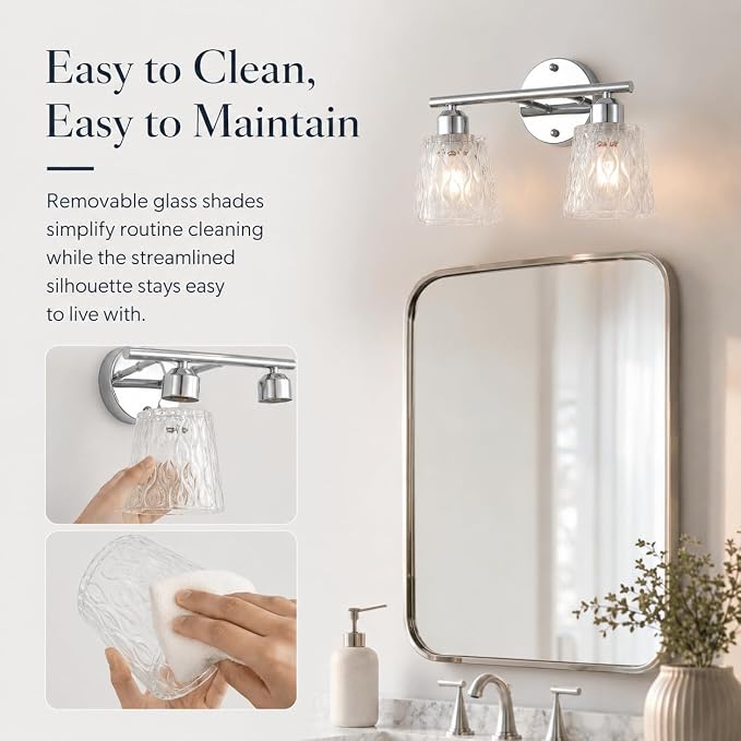 Chrome 2 Light Bathroom Vanity Lights with Textured Glass Shades, E26 Sockets, Bathroom Light Fixtures Over Mirror, Modern Lighting Fixtures Wall Lamp Vanity Lights