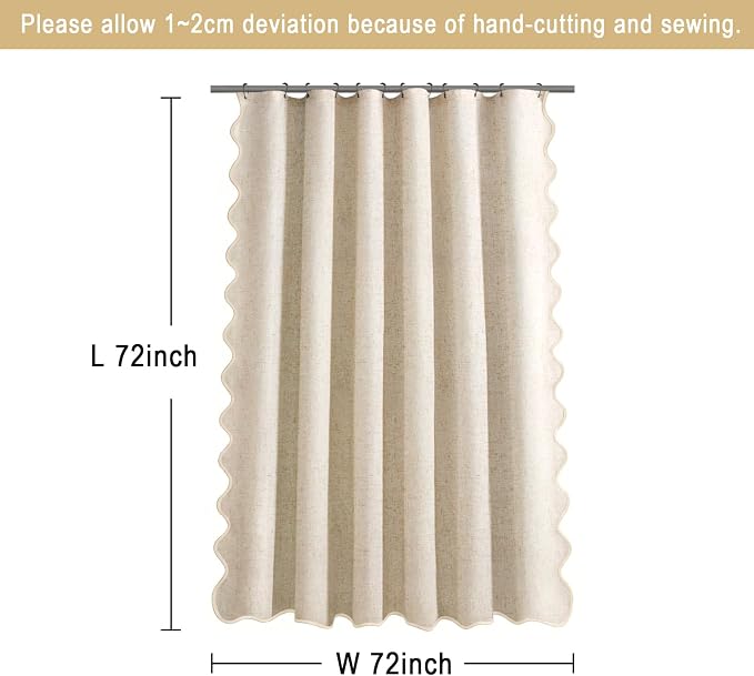 Scalloped Shower Curtain Linen Boho Flax Cream 72" W x 72" L | Linen Fabric, Black Border, Washable, Heavy Duty Cloth, Shower Curtain for Boho Farmhouse Bathroom Bathtub