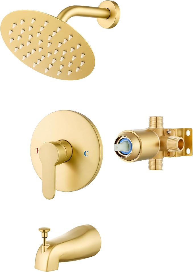 Airuida Shower Faucet Set with Tub Spout,6" Bathtub Faucet-Brushed Gold | Male Threads Rough-In Valve,Round Head Shower System,Tub and Shower Kit Set