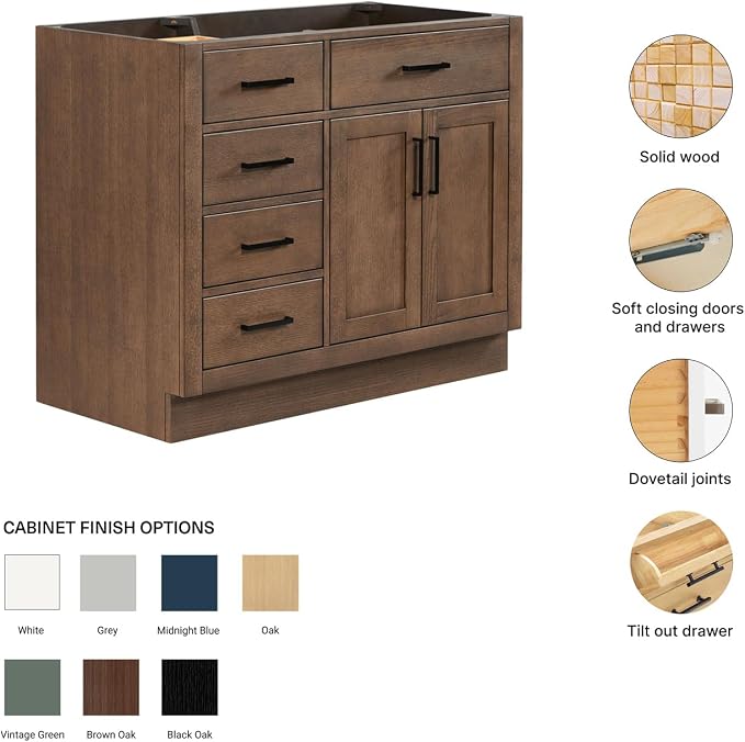 ARIEL Hepburn 42-inch Bathroom Vanity Base Cabinet,Solid Wood, 2 Soft Closing Doors, 5 Dovetail Drawers, Brown Oak