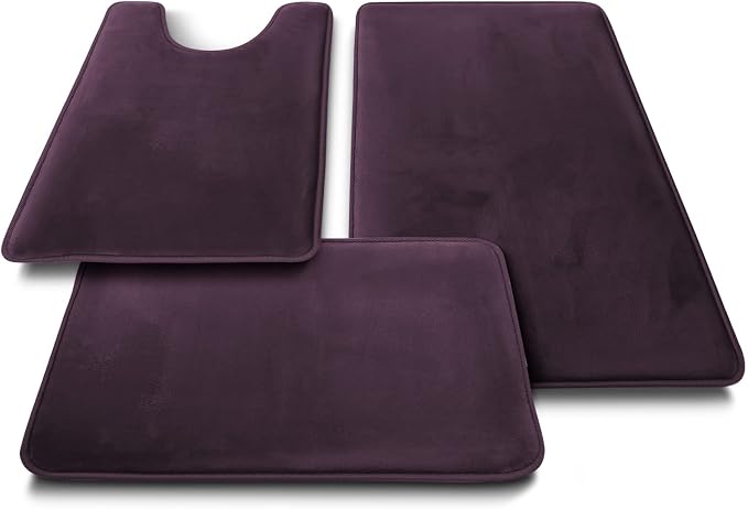 Clara Clark 3 Piece Bathroom Rugs Bath Mat Set, Velvet Memory Foam Bath Mats for Bathroom - Non-Slip, PVC Backing Bath Rugs, Washable - Dries Quickly, Purple