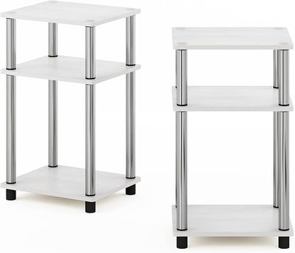 Furinno JUST Side Table Set of 2, 3-Tier Modern End Tables, Open Shelves Night Stand, Nightstand, Toolless Assembly, for Living Room, Bedroom, White Oak/Stainless Steel