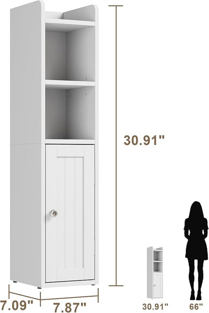 ChooChoo Small Bathroom Storage Cabinet, 7.1“W * 7.9”D Corner Floor Cabinet with Door and Adjustable Shelf, Narrow Toilet Paper Cabinets, Slim Bathroom Organizers for Small Spaces and Bathroom, White