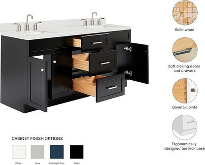 ARIEL Hamlet 72-inch Bathroom Vanity with Sink,Solid Wood, 1.5-inch Carrara White Quartz Countertop & Backsplash, Double Rectangular Porcelain Sink, 4 Soft Closing Doors, 3 Dovetail Drawers, Black