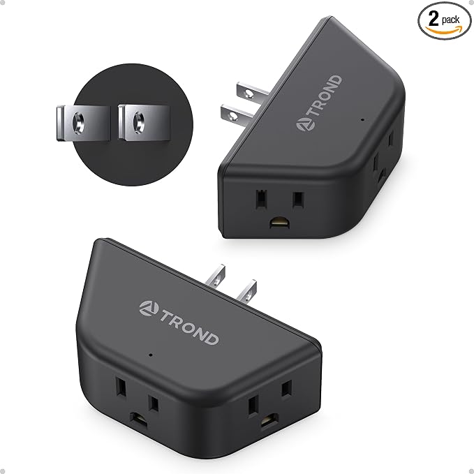 TROND 2 Prong to 3 Prong Outlet Adapter for Old House, 2 Pack | 3-Sided Design Plug Extender with 3 AC Sockets, Wall Plug Splitter for Non-Grounded Outlets in Home Travel, Black