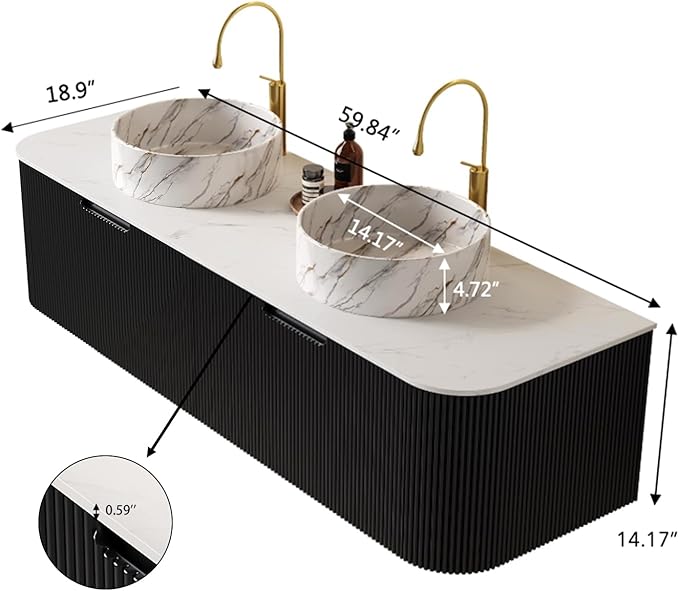 Yayzy 60" Floating Bathroom Vanity with Sink, Solid Wood Fluted Cabinet, White Marble-Patterned Ceramic Basin & Faux Marble Top, Soft-Close Drawer, Pre-Assembled, Gloss Black