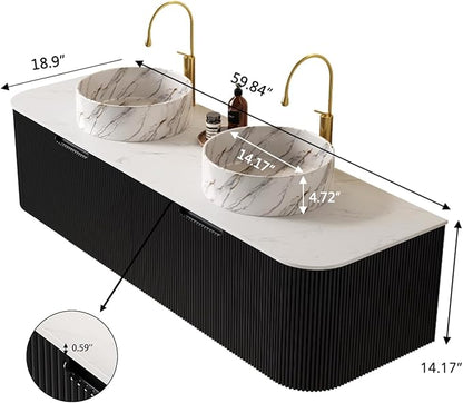 Yayzy 60" Floating Bathroom Vanity with Sink, Solid Wood Fluted Cabinet, White Marble-Patterned Ceramic Basin & Faux Marble Top, Soft-Close Drawer, Pre-Assembled, Gloss Black