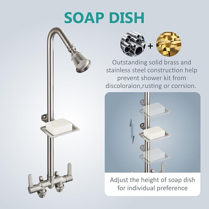 Aolemi Outdoor Shower Kit, Downward-Facing Inlets, Brushed Nickel | 3-Inch Center Hot And Cold Mixer Valve, Dual Handles, with Soap Dish For Convenient Outdoor Shower Use