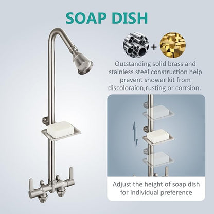 Aolemi Outdoor Shower Kit, Downward-Facing Inlets, Brushed Nickel | 3-Inch Center Hot And Cold Mixer Valve, Dual Handles, with Soap Dish For Convenient Outdoor Shower Use