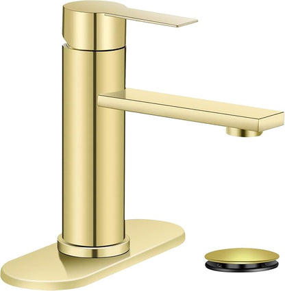 Bathroom Faucet Single Hole Single Handle Vanity Faucet | Modern Brushed Gold Bathroom Faucet with Pop-Up Drain, Suitable for 1 Hole or 3 Hole Sink, Suitable for RV Etc Bathroom