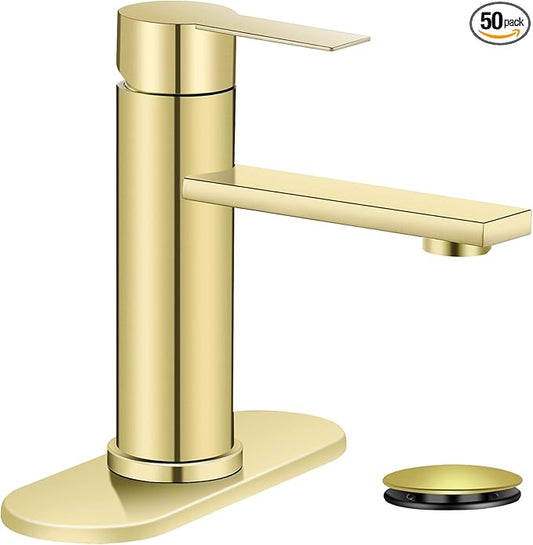 Bathroom Faucet Single Hole Single Handle Vanity Modern Sink RV Faucet with Pop-up Drain for 1 - or 3 Hole Bathroom Sink (Brushed Gold)