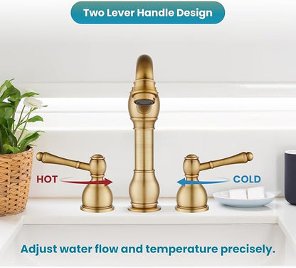 gotonovo 8 Inch Widespread Bathroom Faucets for Sink 3 Hole 2 Lever Handle Deck Mount with Pop Up Drain Hot and Cold Water Supply Lines Antique Brass