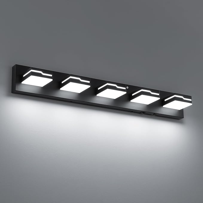 LED Modern Bathroom Vanity Light 5-Light, 32 inch 3CCT Dimmable Black Motion Sensor Vanity Lights for Bathroom Lighting, with 350° Rotatable Acrylic Heads and Auto-Off Bathroom Light